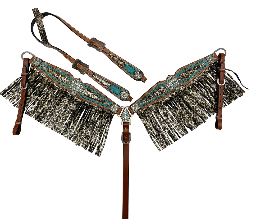 BEJEWELED METALLIC LEOPARD WITH FRINGE LEATHER TACK SET