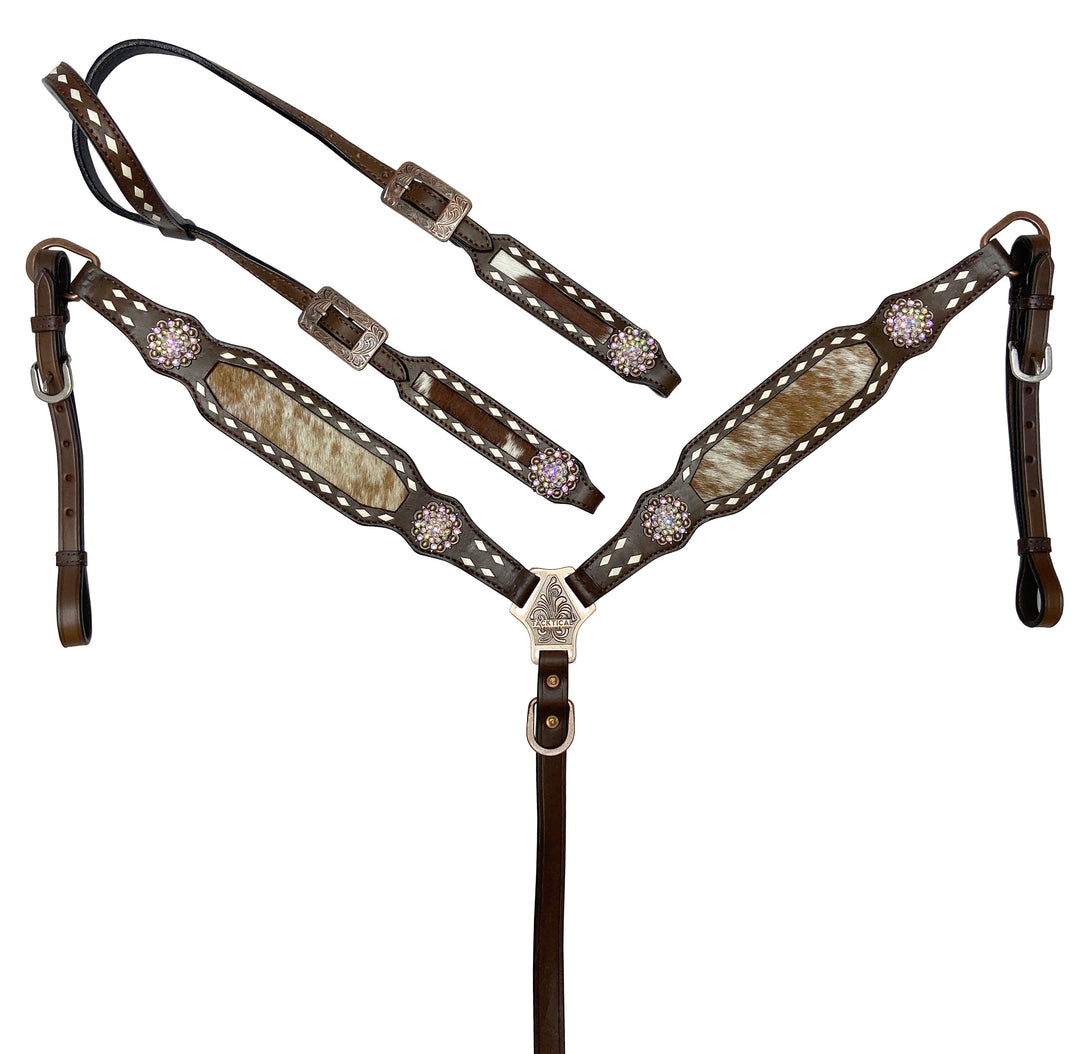 BROWN & WHITE HAIR ON HIDE WITH RAWHIDE LACING LEATHER TACK SET