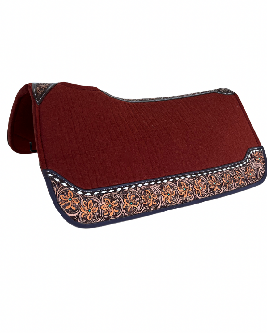 BURGUNDY TOOLED LEATHER SADDLE PAD