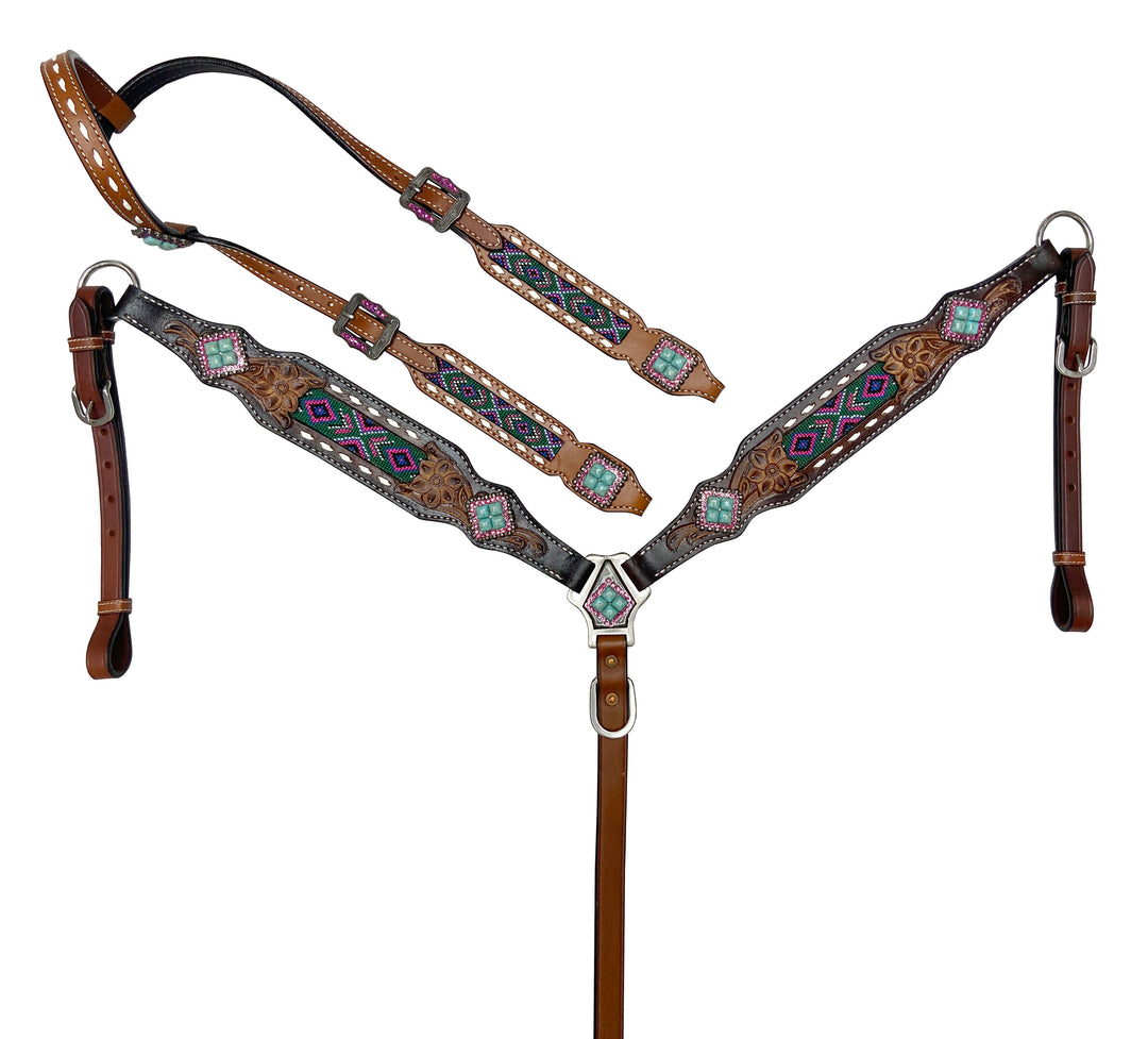 PAINTED SKY BEADED INLAY LEATHER TACK SET