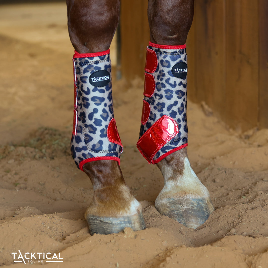 LEOPARD WITH RED SPARKLE VELCRO SPLINT BOOT (PAIR)