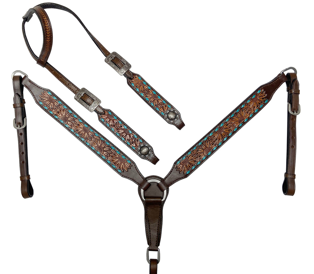 TOOLED DARK OIL WITH TURQUOISE RAWHIDE LACING LEATHER TACK SET