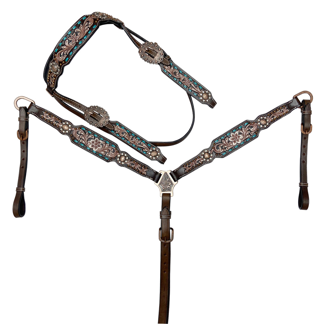 TOOLED FLORAL AND BUCKSTITCH LEATHER TACK SET