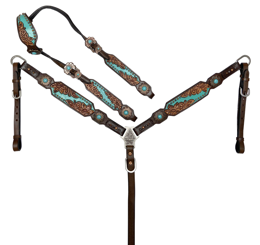 TURQUOISE STAMPEDE TOOLED LEATHER TACK SET